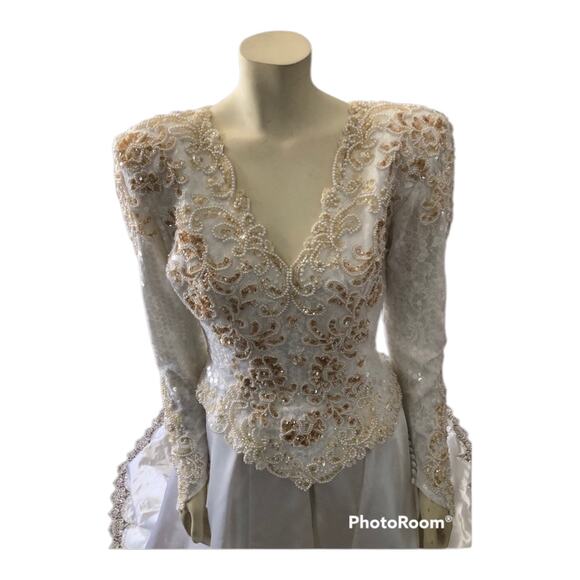 Vintage wedding sequenced dress with detachable skirt & train Ivory gold medium - Picture 7 of 17